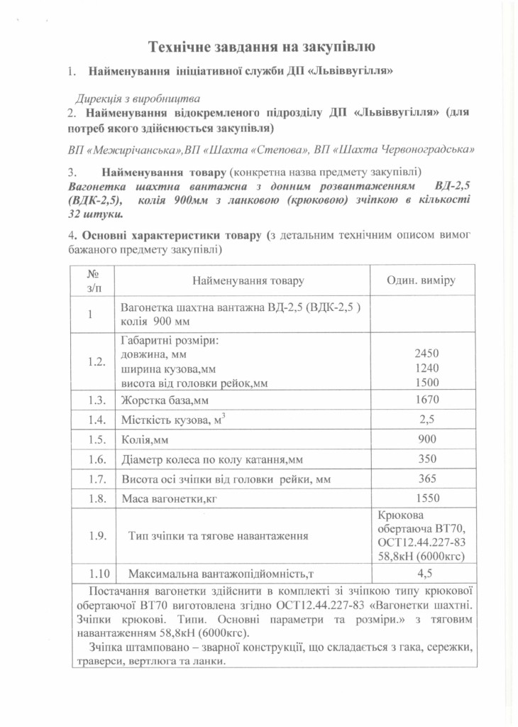 Технічне завдання на закупівлю вагонеток шахтних вантажних з донним розвантаженням ВД-2,5 (ВДК-2,5)_page-0001