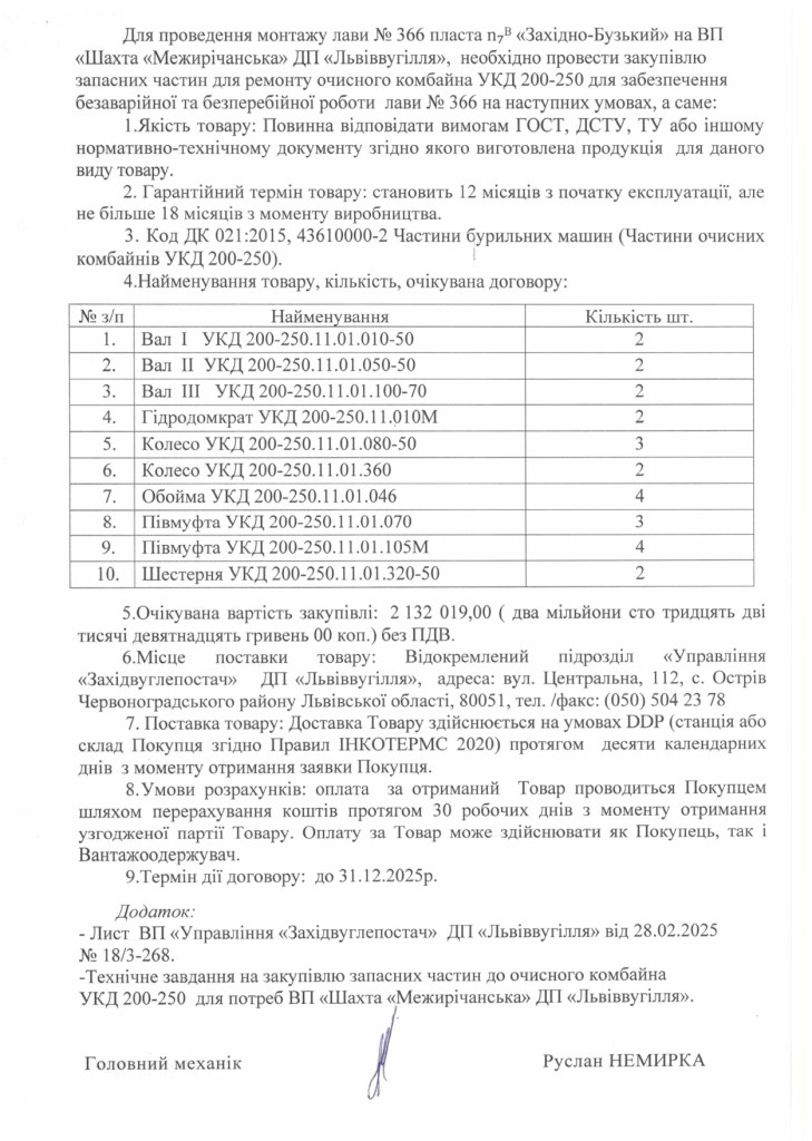 Обгрунтування доцільності закупівлі запасних частин для ремонту очисного комбайна УКД_page-0002